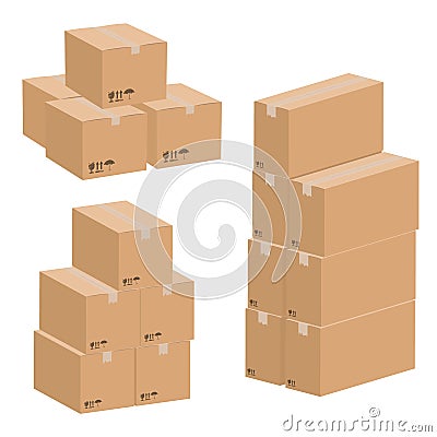 Set of cardboard boxes isolated on white background. Vector carton packaging box. Vector Illustration