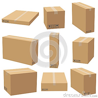 Set of cardboard boxes mockups. Carton delivery packaging box. Vector 3D illustration isolated Vector Illustration