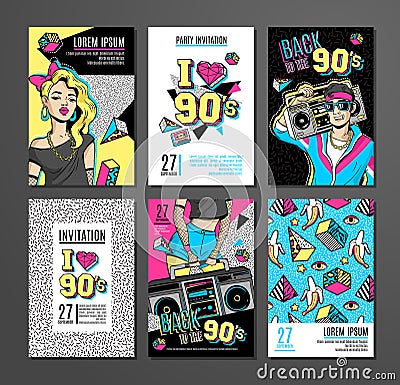 Set of cards and banners in 80s-90s memphis style. Vector Illustration