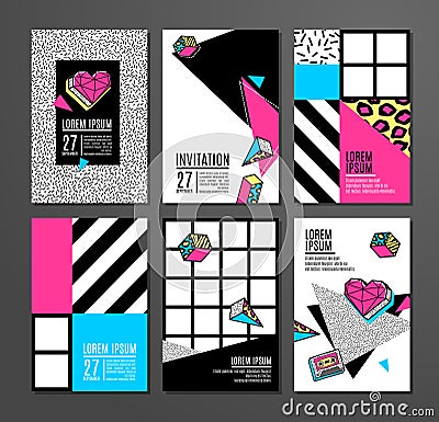 Set of cards and banners in 80s-90s memphis style. Vector Illustration