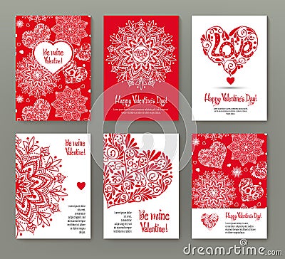 Set of 6 cards or banners for Valentine`s Day with ornate red lo Vector Illustration