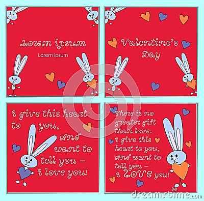 A set of cards with cartoon rabbits for Valentines Day. With holiday greetings. Square bright pink background with Vector Illustration