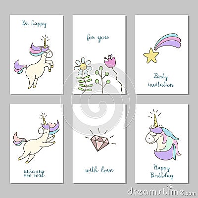 Set of cards with cute unicorns. Vector Illustration