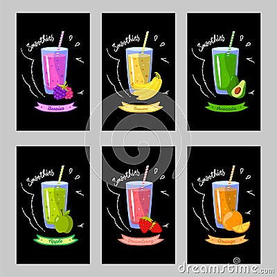 Set of cards with different smoothies on a black background Vector Illustration