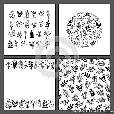Set of cards with doodle leafy twigs, wild herbs, plants, berries. Vector Illustration