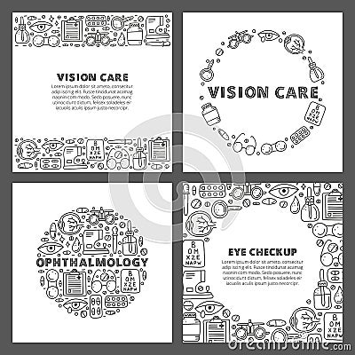 Set of cards with doodle outline ophthalmology icons. Vector Illustration