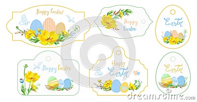Set cards with eggs and yellow watercolor flowers with gold twigs for Happy Easter Vector Illustration
