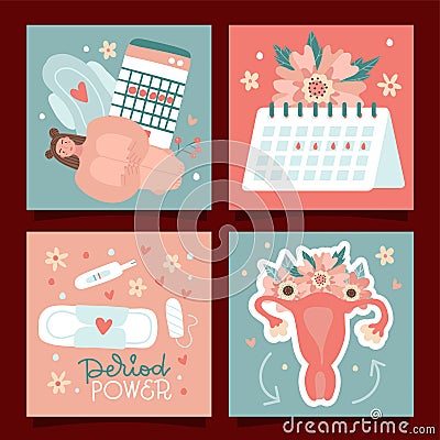 Set of cards for femete periods concept. Women struggle from strong abdominal pain during periods, heavy periods Vector Illustration