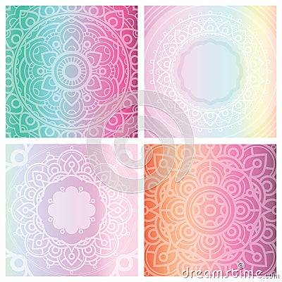 Set of 4 cards with floral mandala on tender gradient background. Vector Illustration