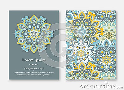 Set of cards, flyers, brochures, templates with hand drawn mandala pattern. Vintage oriental style. Vector Illustration