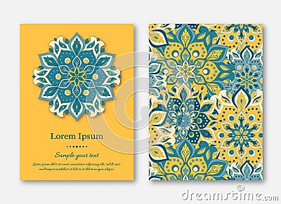 Set of cards, flyers, brochures, templates with hand drawn mandala pattern. Vintage oriental style. Vector Illustration