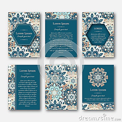 Set of cards, flyers, brochures, templates with hand drawn mandala pattern. Vintage oriental style. Vector Illustration