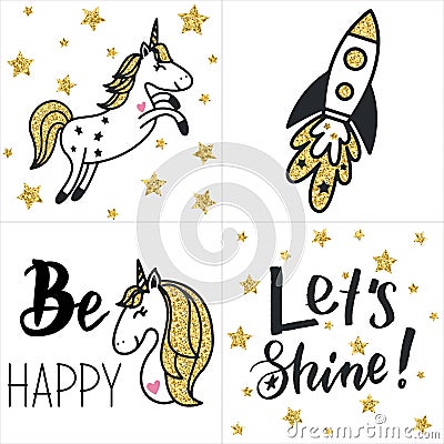 Set of cards with gold glittering unicorns, rocket, text, stars. Cartoon Illustration