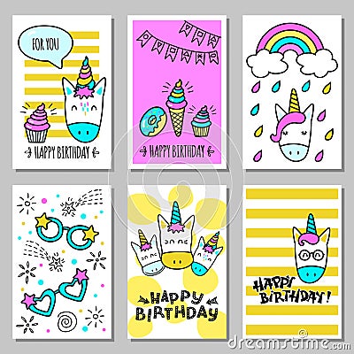 A set of cards with a happy birthday with funny unicorns Vector Illustration