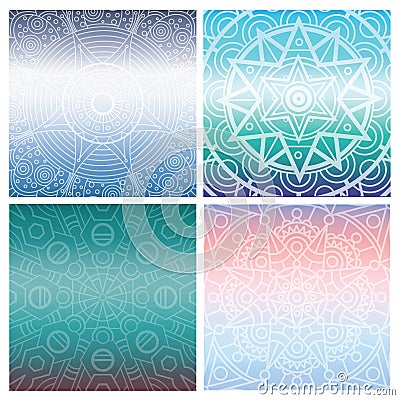 Set of cards with indian mandala on blue gradient background. Bohemian ornament for posters or banners. Vector Illustration