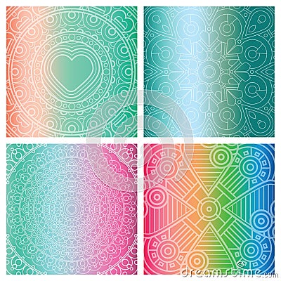 Set of cards with indian mandala on colorful gradient background. Bohemian ornament for posters or banners. Vector Illustration