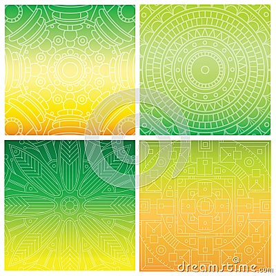 Set of cards with indian mandala on green gradient background. Bohemian ornament for posters or banners. Vector Illustration