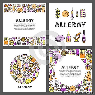 Set of cards with lettering and doodle allergy icons. Vector Illustration