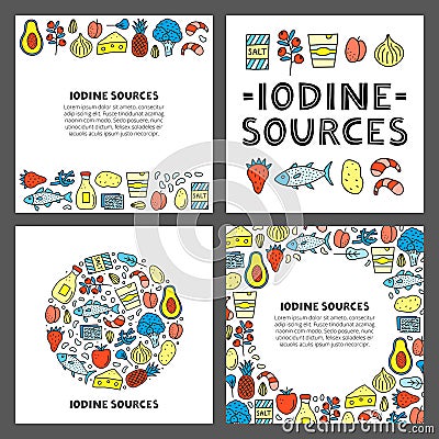 Set of cards with lettering and doodle colored iodine food sources. Vector Illustration