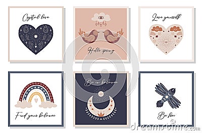 A set of cards with mystical, mysterious, boho, celestial elements. Square posters with motivating, inspiring Vector Illustration