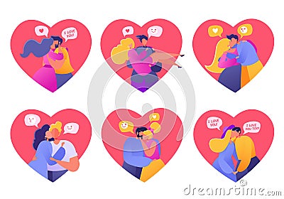 Set of cards, people in love. Valentine dating set. Romantic vector illustration on love story theme. Happy flat people character Vector Illustration