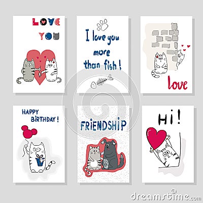 Set of cards templates with cute cats. Love theme. Vector Illustration