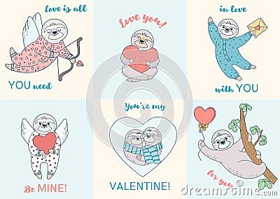 Set of cards with valentine sloths. Cards with text Vector Illustration