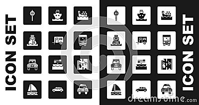 Set Cargo ship with boxes, Rv Camping trailer, Speed limit traffic, Delivery cargo truck, Broken road and icon. Vector Vector Illustration