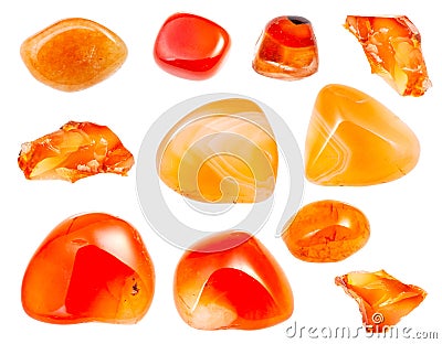 Set of Carnelian Cornelian gemstones isolated Stock Photo