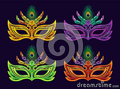 Set of carnival mask decorated with beads, bundle of colorful feathers. Vector Illustration