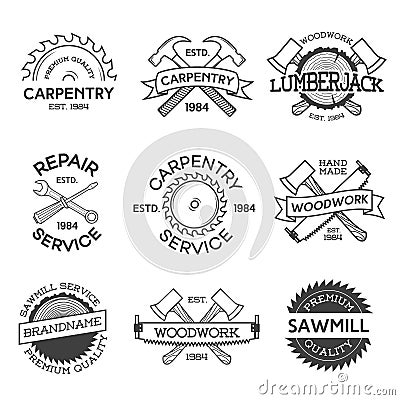 Set of carpentry, repair, lumberjack, sawmill and woodwork labels isolated Vector Illustration