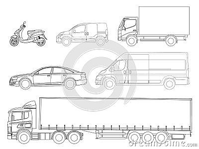 Set cars outline. Logistics transport. Side view truck trailer, Semi truck, cargo delivery, van, minivan and scooter Vector Illustration