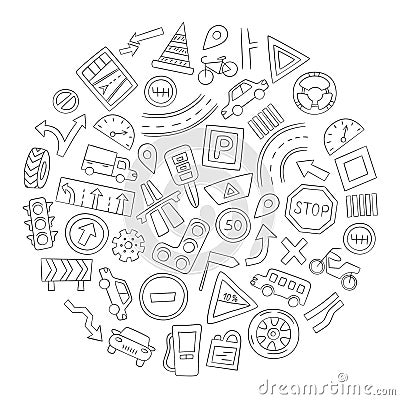 Set of cars, road objects, traffic signs and automobile symbols. Vector illustration in doodle style Vector Illustration