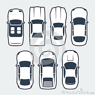 Set of Cars Silhouettes, Top View Vector Illustration