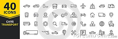 Set of 40 Cars and transport web icons in line style. Airplane, bus, parking, travel, train, comfortable. Vector illustration Vector Illustration