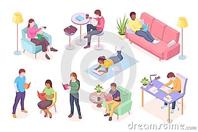 Set of cartoon adult people read book. Reading Vector Illustration