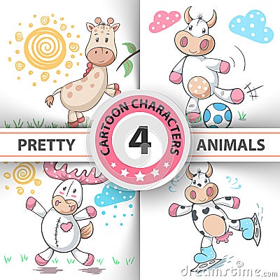 Set Cartoon animals cow, deer, bull, giraffe. Vector Illustration