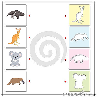 Set of cartoon anteater, kangaroo, koala and platypus. Educational game for kids. Vector Illustration