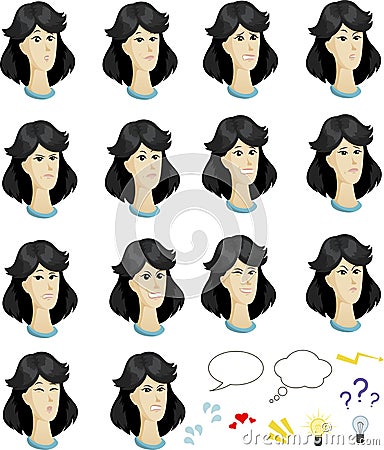 Set of cartoon asian female faces with emotional Vector Illustration