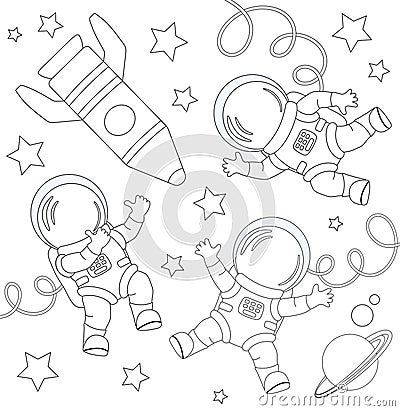 Set of cartoon astronauts flying in space with rocket, planet and stars. Black and white Vector Illustration