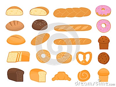 Set of cartoon baking pastry products for bakery menu, recipe book. Baguette, rye bread, whole wheat loaf, bagel Vector Illustration