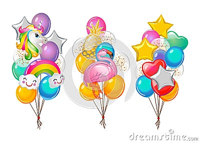 Set of cartoon balloons bunches isolated on white background. Flamingo, unicorn, rainbow and pineapple balloons. Vector Vector Illustration