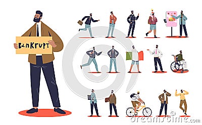 Set of cartoon bearded businessman bankrupt in different lifestyle situations and poses Vector Illustration