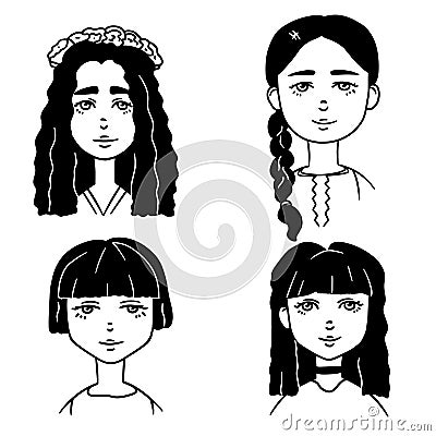 Set of cartoon black and white sketches of cute girls. Doodle style illustration of girls portraits Vector Illustration