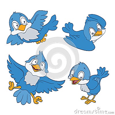 Set of cartoon blue birds on white Vector Illustration