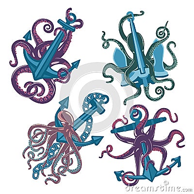 Set of cartoon blue octopus with anchors Vector Illustration