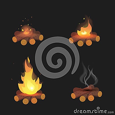 Set of cartoon Bonfires on logs on black background isolated illustration. Camping fire evolution Cartoon Illustration