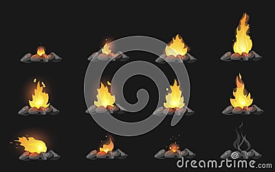 Set of cartoon Bonfires with stones on black background isolated illustration. Camping fire evolution Cartoon Illustration