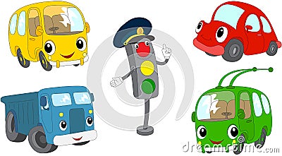 Set of cartoon bus, car, lorry, trolleybus and traffic lights Vector Illustration