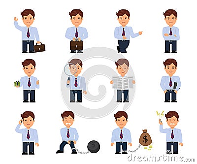 Set of cartoon businessman in a flat style. Businessman in various poses and actions isolated on a white background. Vector Illustration